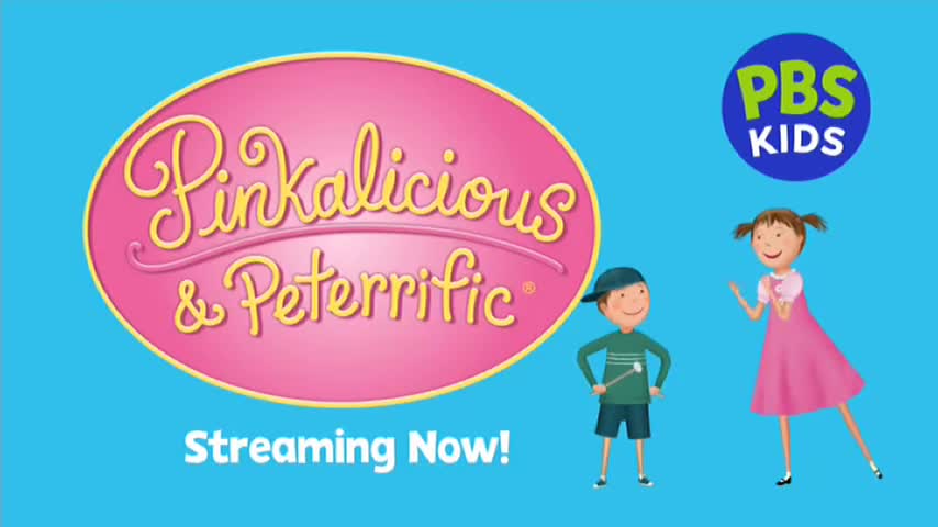 A pink oval with "Pinkalicious & Peterriffic" in curly yellow letters floats against a bright blue background. Two cartoon children stand nearby, and the wor...