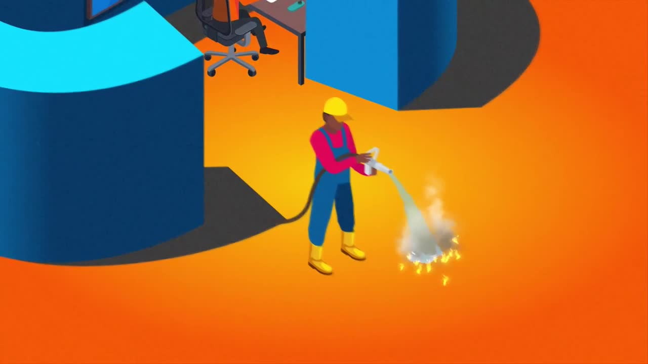 A worker in a yellow hard hat and overalls aims a hose, creating a cloud of smoke and sparks. Someone sits at a desk in the background, seemingly unaware of ...