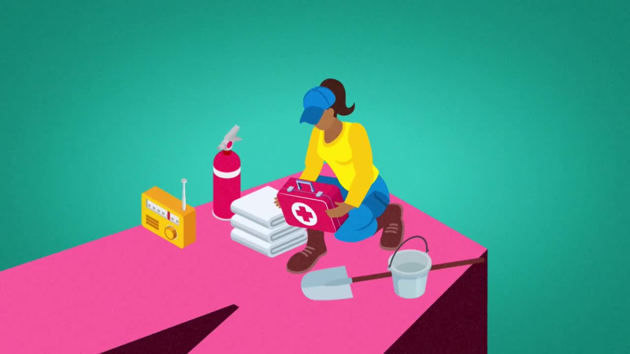 A woman in a yellow shirt and blue cap kneels, opening a red first aid kit. Beside her, a radio, towels, a fire extinguisher, a shovel, and a bucket sit on a...