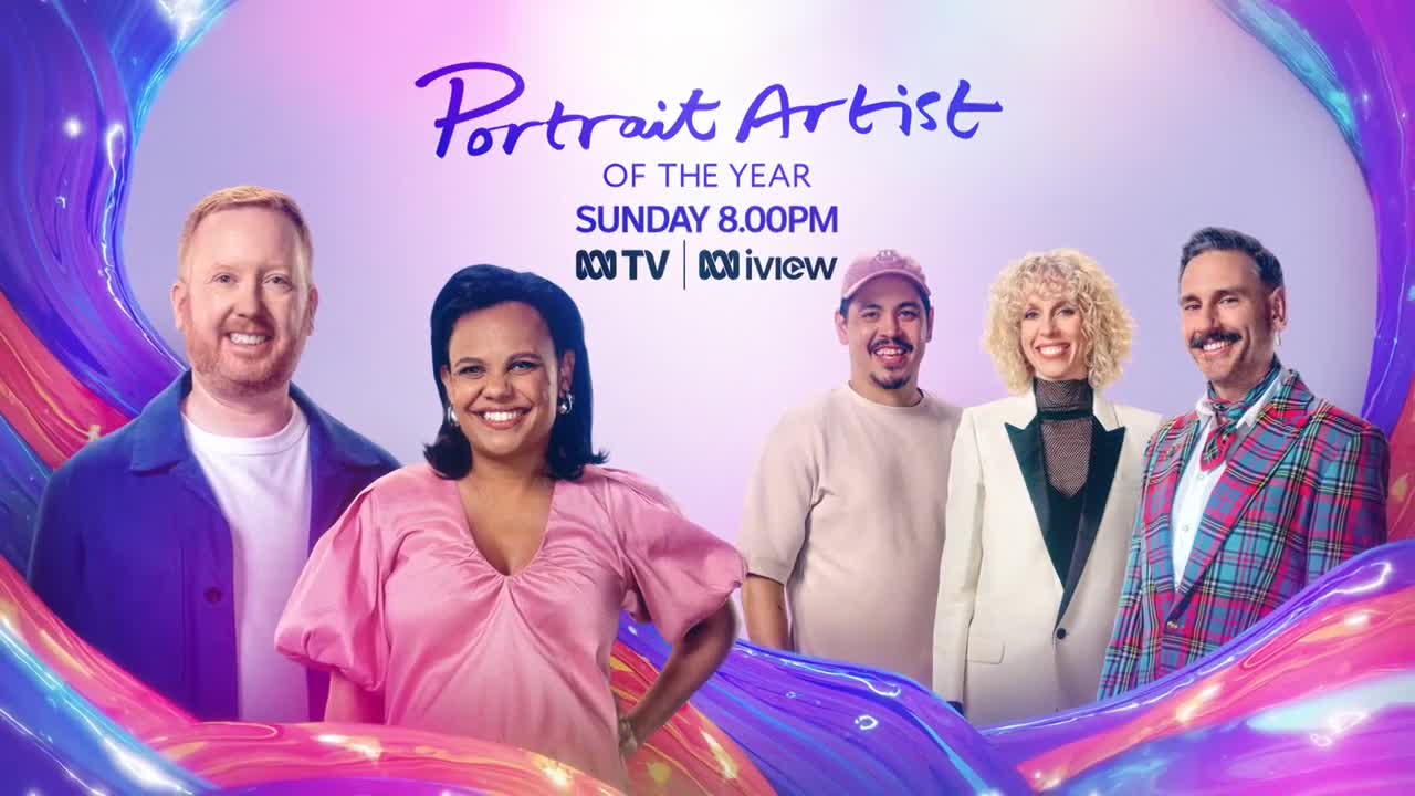 Five people smile at me, framed by swirling, colorful shapes, with the ABC TV and iView logos visible. The words "Portrait Artist of the Year" and the time a...
