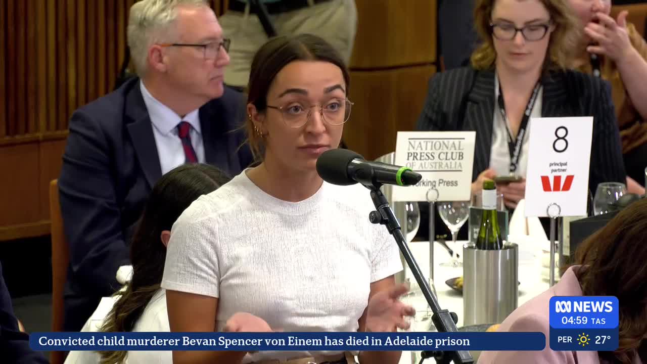 A woman with glasses speaks into a microphone, her hands gesturing as she addresses the room. The ABC News logo is visible in the corner, with a headline abo...