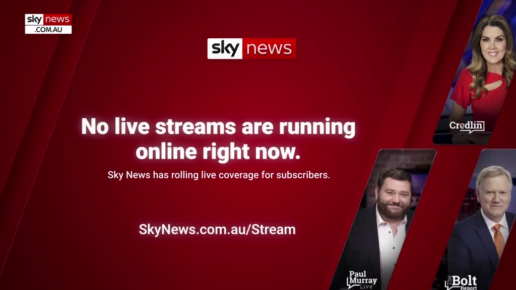 The screen displays a red background with a message from Sky News Australia. It states that no live streams are currently running online, with a link for sub...