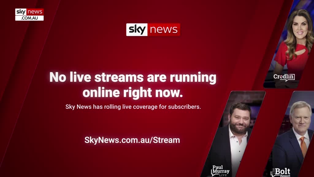 The screen displays a red background with a message from Sky News Australia. It states that no live streams are running online at the moment, with a note abo...