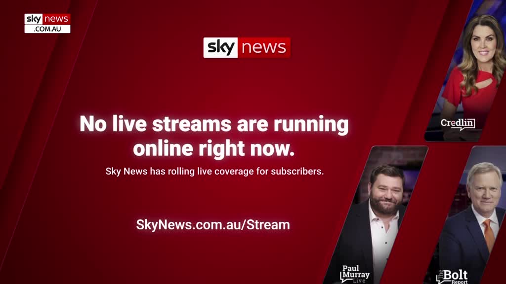 A red screen dominates, with a Sky News logo and a message stating no live streams are available. Three presenters' headshots are in the corner, and the webs...