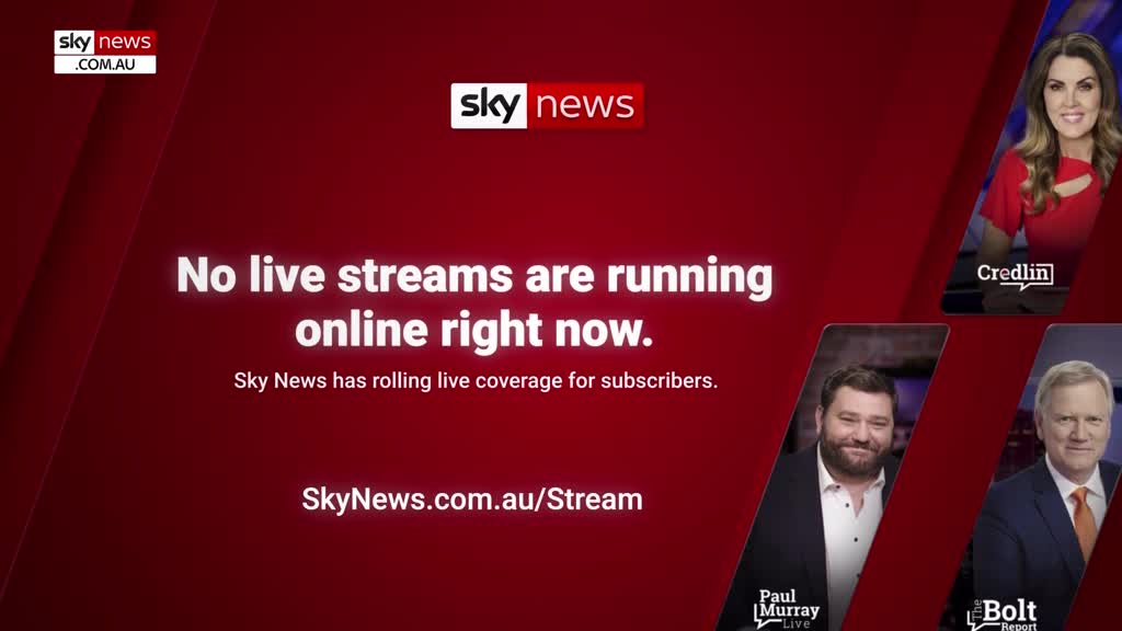 A red screen from Sky News Australia fills the frame, with a message stating that no live streams are currently running. Three headshots of presenters, inclu...