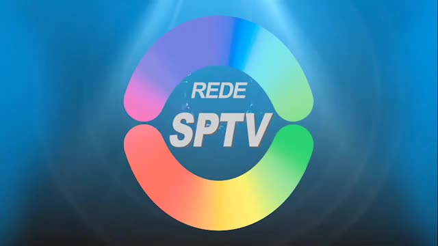 The Rede SPTV logo, a colorful, curved band, appears against a blue background. The words "REDE" and "SPTV" are centered within the logo.