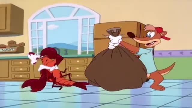 A red lobster, looking a bit disheveled, scurries across the kitchen floor. Behind it, a brown, cartoonish creature in a red cap and light blue shirt struggl...
