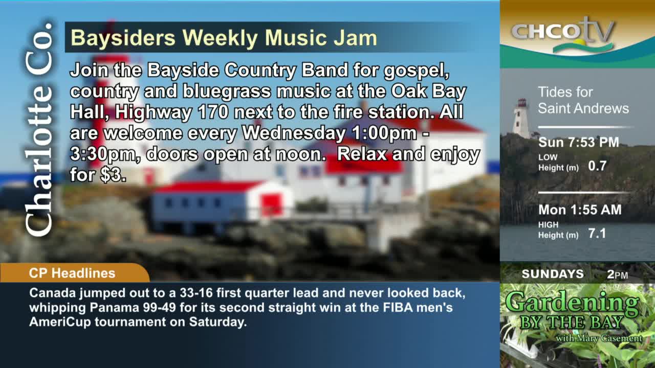 The CHCO-TV screen shows a promotion for the Bayside Country Band's weekly music jam in Charlotte County, Canada. Below, the news reports on Canada's basketb...