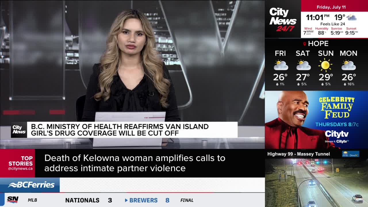 A CityNews Vancouver anchor is seated at a desk, reporting on a story about drug coverage. Below her, headlines flash across the screen, including one about ...