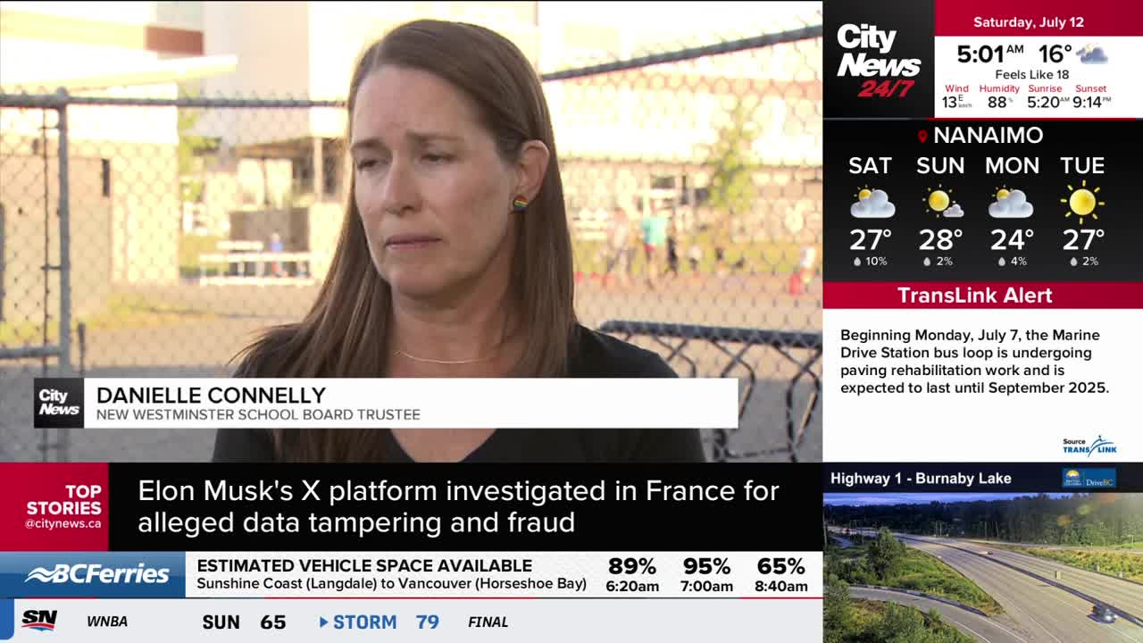 Danielle Connelly, a New Westminster School Board Trustee, is speaking on CityNews Vancouver. Behind her, a chain-link fence and a blurry outdoor scene are v...