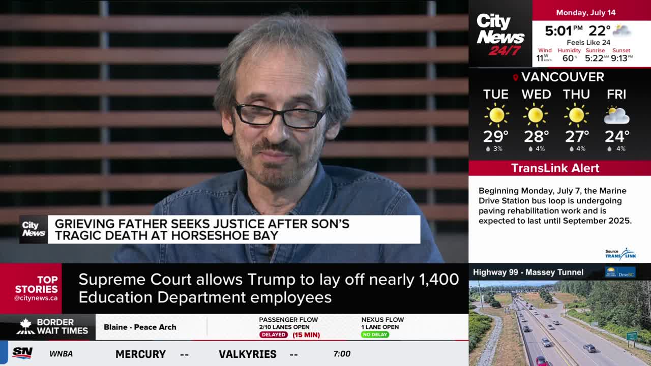 A man with glasses is speaking on a CityNews Vancouver broadcast. The screen displays a headline about a grieving father seeking justice.