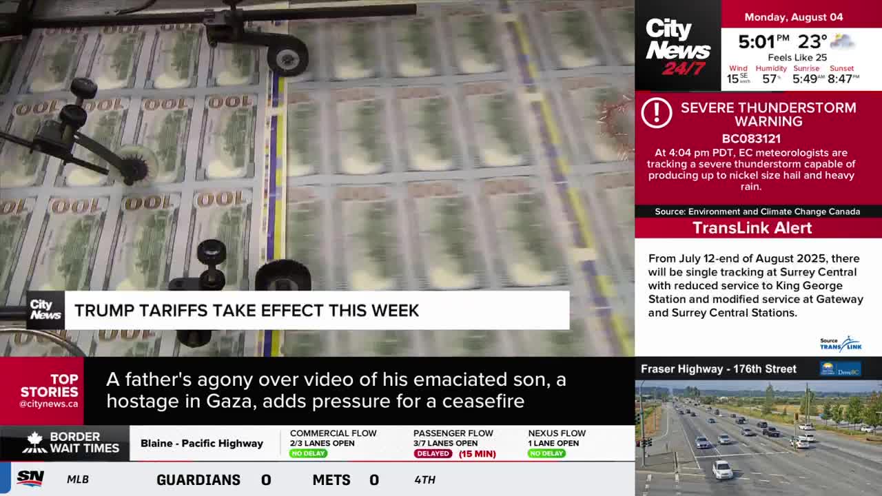 Sheets of freshly printed hundred-dollar bills are moving through a machine, the paper still crisp and aligned. A CityNews Vancouver graphic reports on the i...