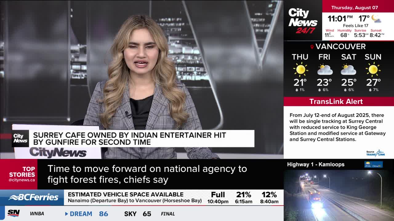A CityNews Vancouver anchor is speaking directly to the camera, her face framed by blonde hair. Below her, headlines about a Surrey cafe and forest fires scr...