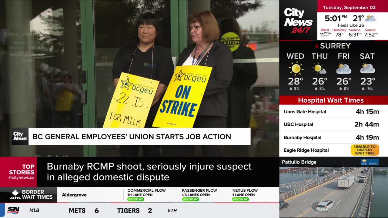 Two women stand outside a building, holding signs that read "ON STRIKE" and "2% IS FOR MILK." The CityNews Vancouver banner below reports that the BC General...