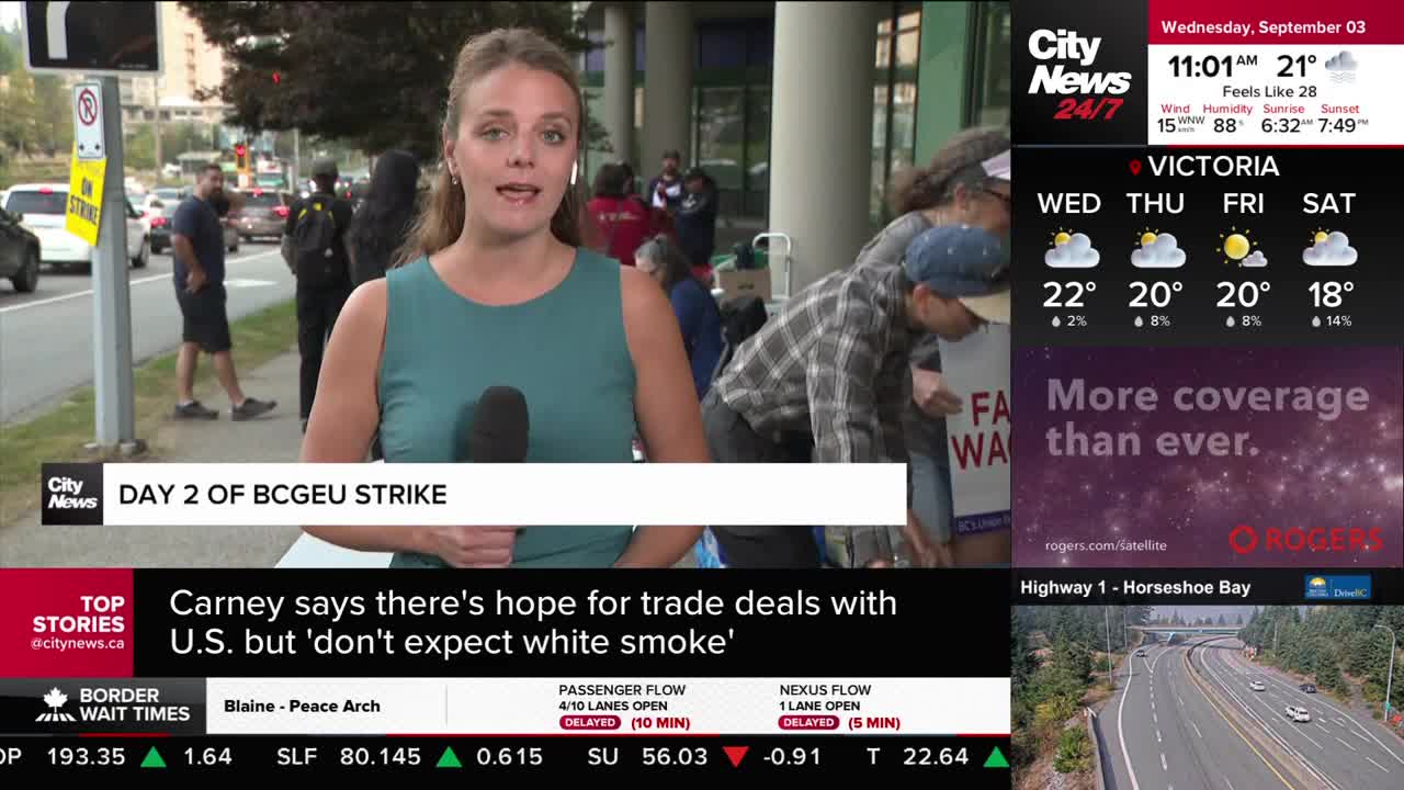 A CityNews Vancouver reporter stands in front of a camera, speaking about the BCGEU strike. Behind her, people are gathered, some holding signs that read "FA...
