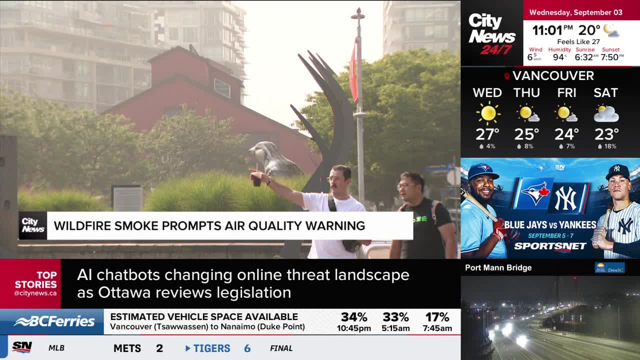 A man in a white shirt points a phone towards a sculpture, with a CityNews Vancouver graphic highlighting an air quality warning. The sky is hazy, and the ne...