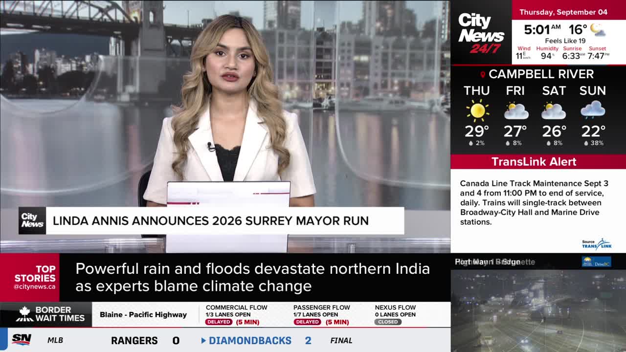 A CityNews Vancouver anchor is speaking directly to the camera, announcing Linda Annis's run for Surrey mayor in 2026. The screen displays weather informatio...
