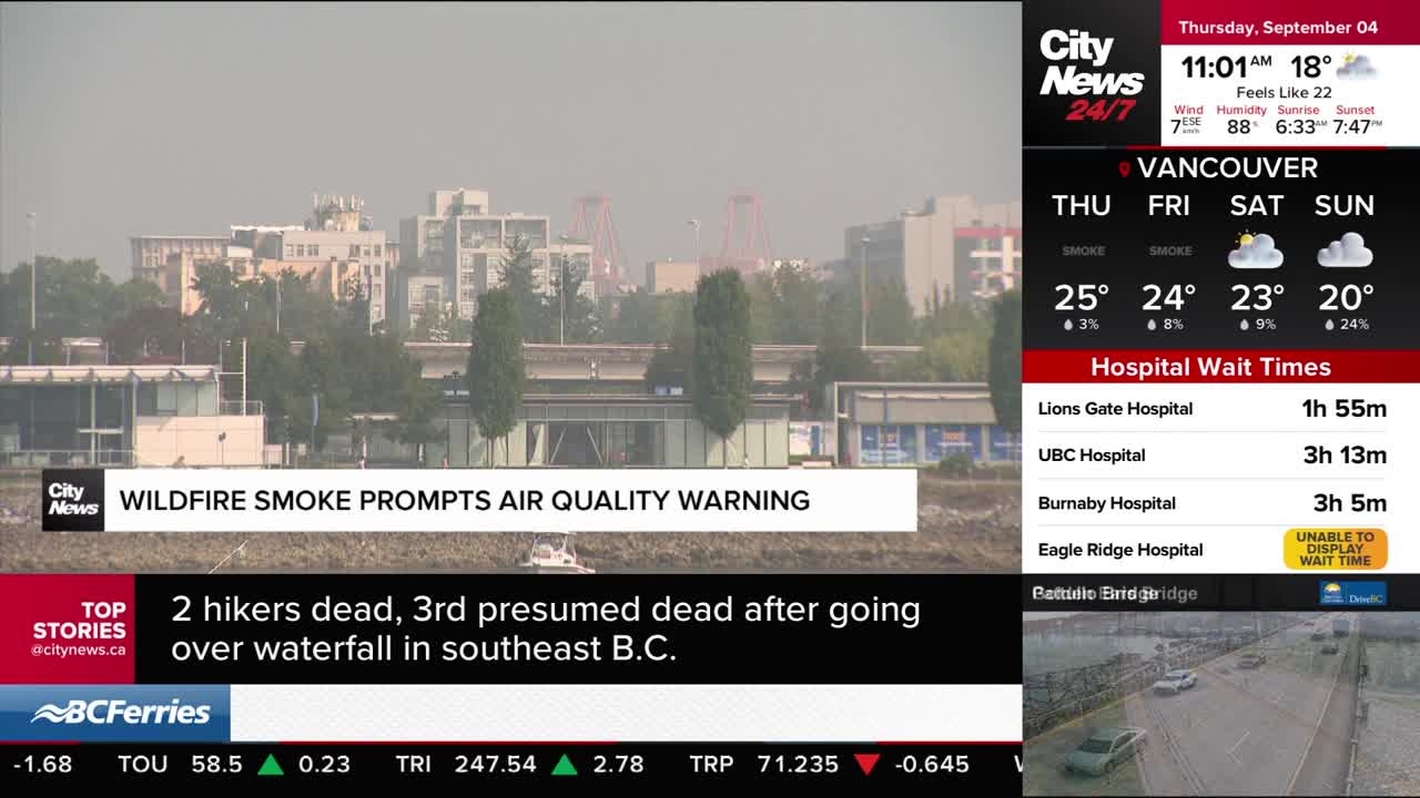 A hazy sky hangs over Vancouver, with a CityNews Vancouver graphic warning about wildfire smoke. Below, the news ticker reports on hospital wait times and a ...