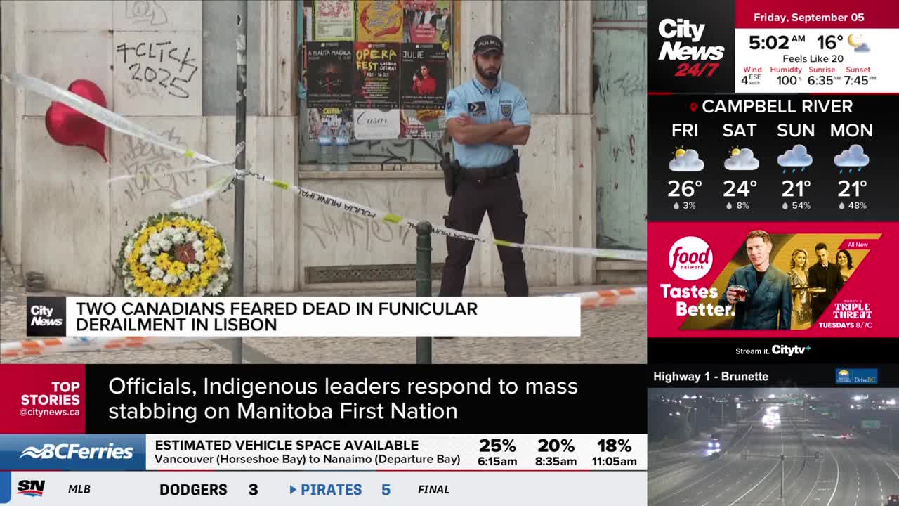 A police officer stands guard behind yellow tape, arms crossed, as CityNews Vancouver reports on a funicular derailment in Lisbon. A wreath and a red heart d...