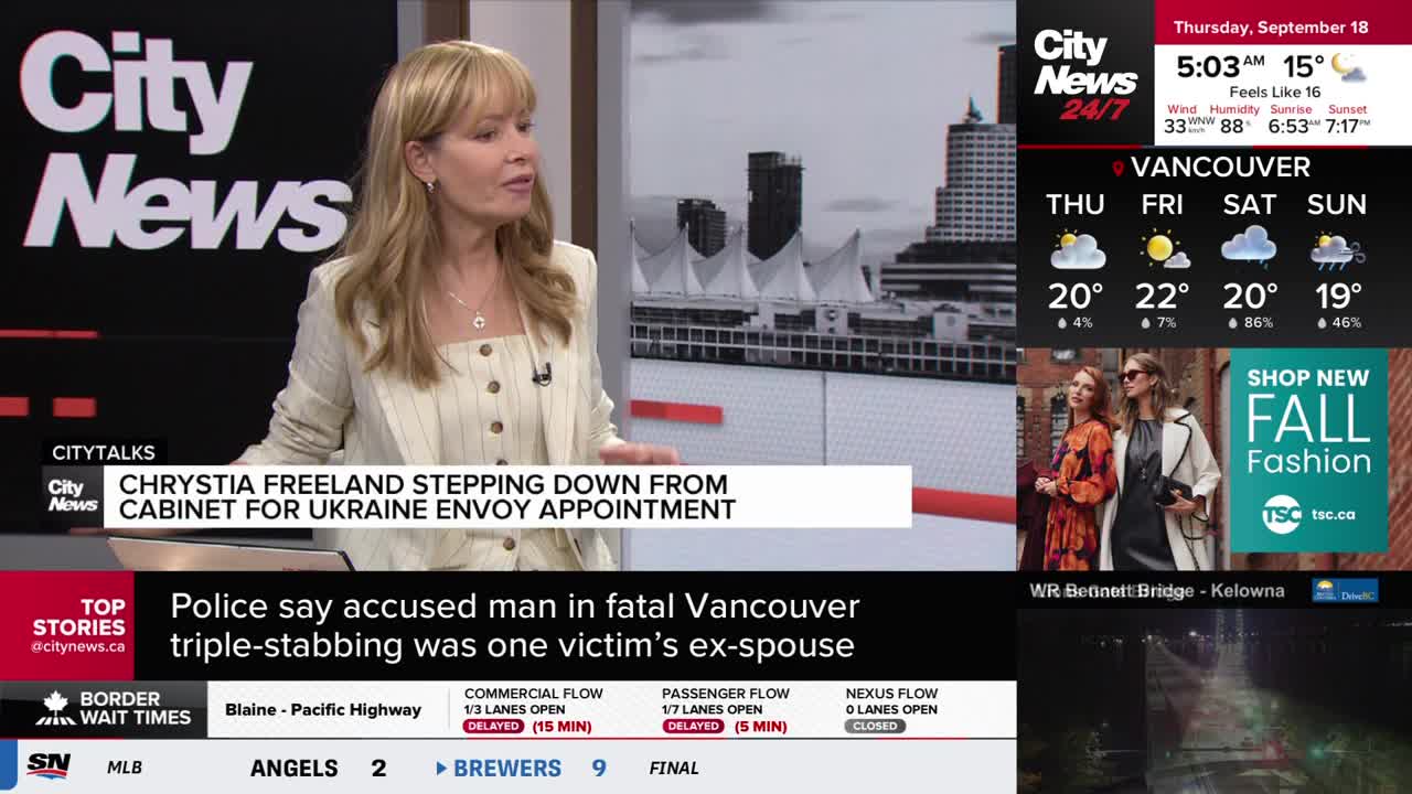 A CityNews Vancouver anchor, wearing a cream-colored blazer, speaks directly to the camera. Behind her, a graphic displays the local weather forecast and a s...