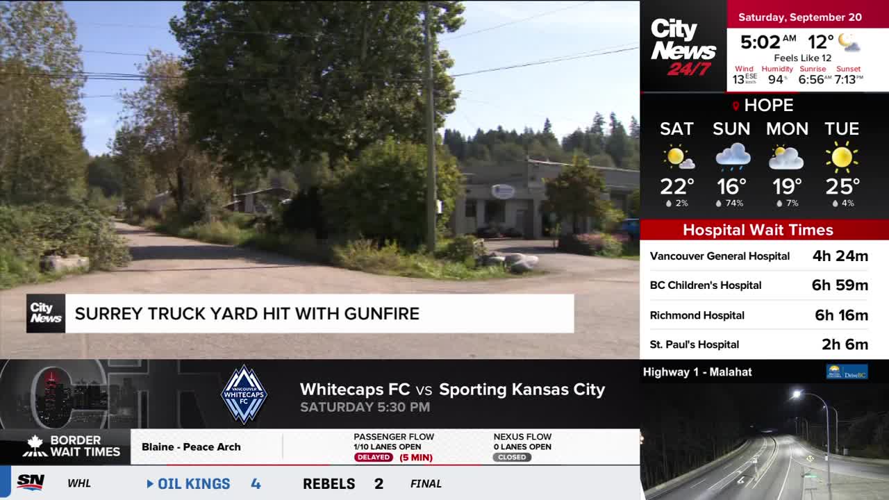A gravel road leads toward a building, framed by trees and bushes. CityNews Vancouver reports a Surrey truck yard was hit with gunfire.