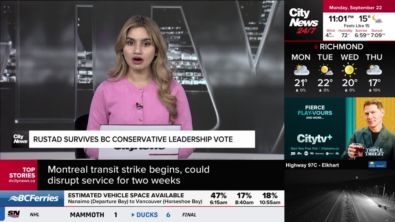 The CityNews Vancouver anchor is speaking, her mouth open, as the headline "RUSTAD SURVIVES BC CONSERVATIVE LEADERSHIP VOTE" scrolls on the screen. Below, th...