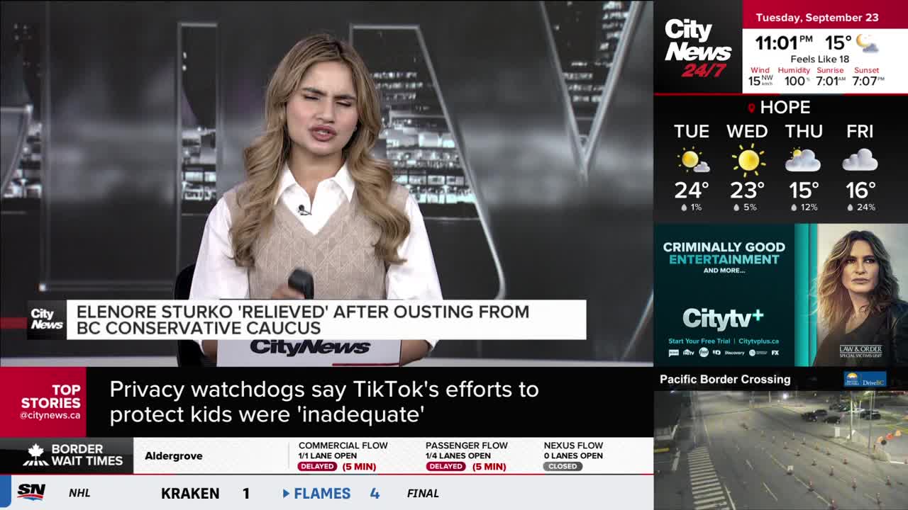 A CityNews Vancouver anchor is speaking, holding a microphone and looking towards the camera. Graphics about weather, border wait times, and other news stori...