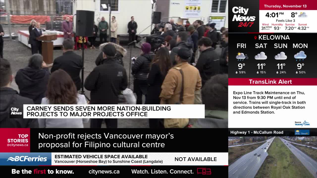 A speaker stands at a podium, addressing a crowd gathered outside, likely in Vancouver. CityNews cameras are focused on the event, capturing the scene as peo...