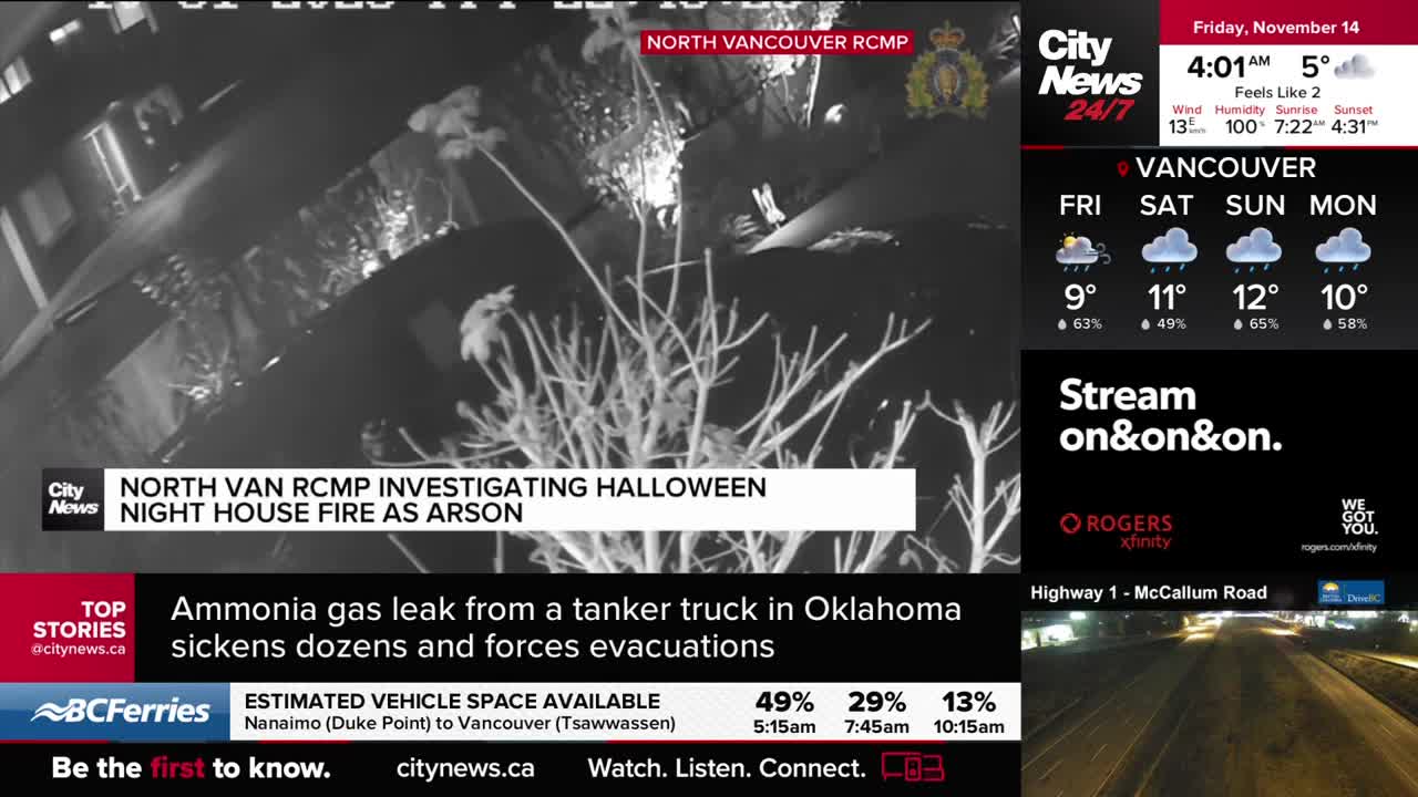 The CityNews Vancouver broadcast shows a grainy, night-vision view of a house.  The North Van RCMP is investigating a fire, possibly arson, as the camera foc...