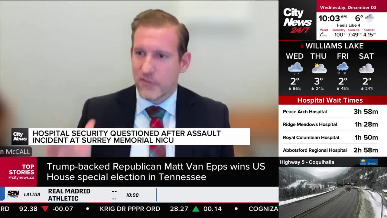 A man in a suit is speaking, likely for CityNews Vancouver, with a headline about a hospital security incident in Surrey displayed below. The screen also sho...