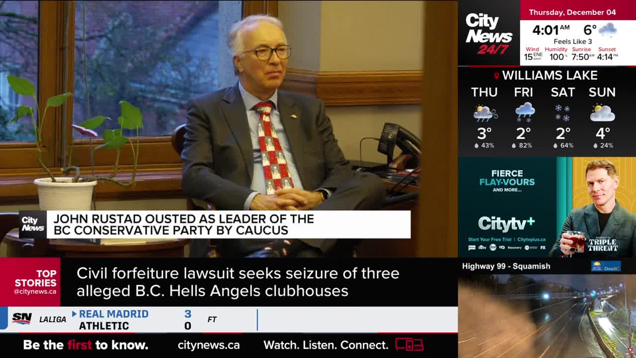 John Rustad, in a suit and tie, sits in a chair, arms crossed, as a CityNews Vancouver headline announces his ouster. The screen also displays the weather fo...