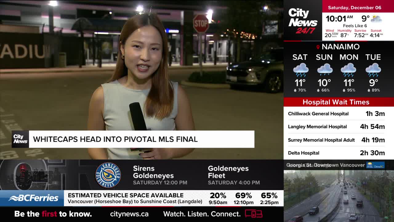 A CityNews Vancouver reporter stands outside, microphone in hand, delivering a story about the Whitecaps. Behind her, a stadium and a stop sign are visible i...