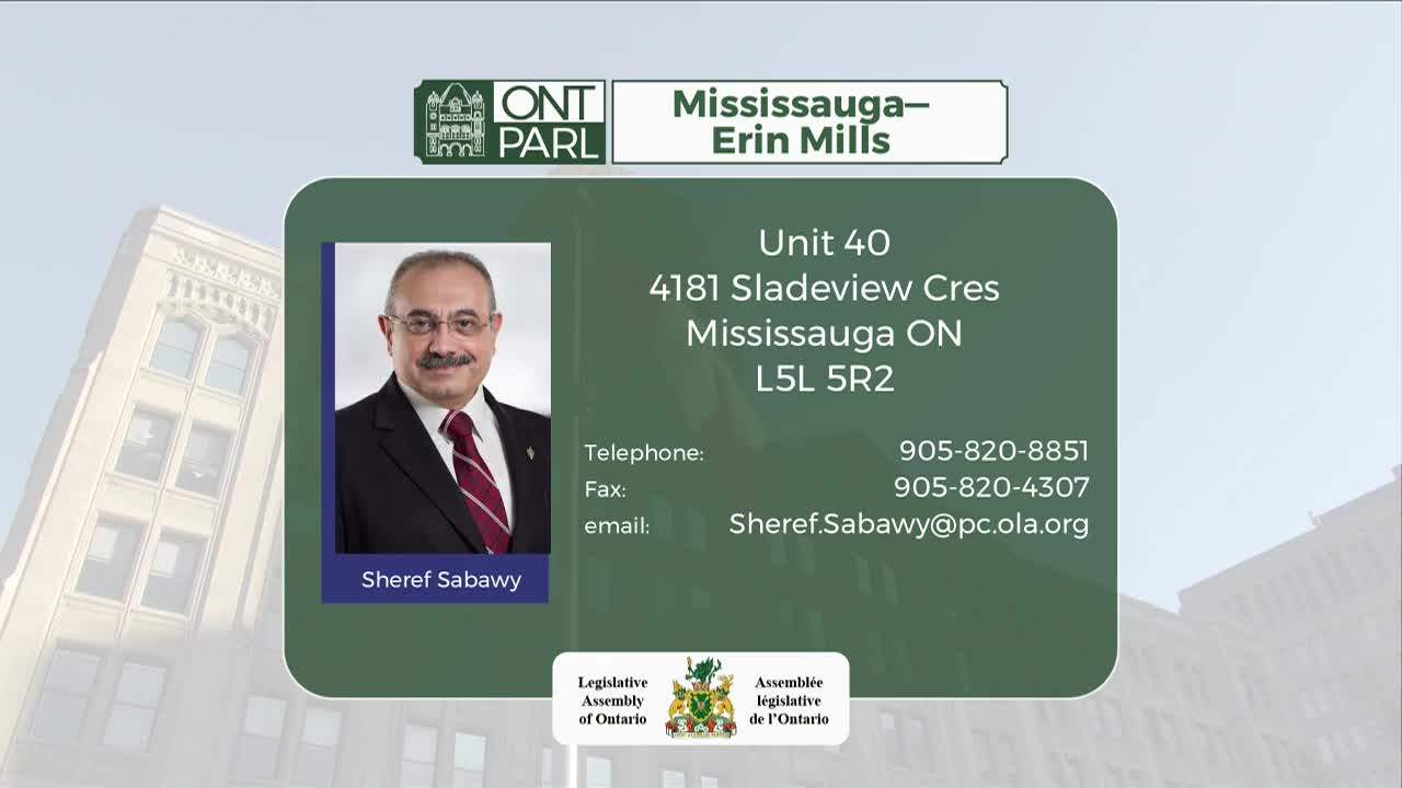 A portrait of Sheref Sabawy, a member of the Legislative Assembly of Ontario representing Mississauga-Erin Mills, is displayed. Contact information, includin...
