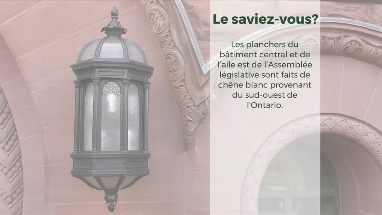 A decorative, ornate lamp hangs on a weathered stone wall, likely part of the Legislative Assembly in Ontario. The text next to it informs me the floors of t...