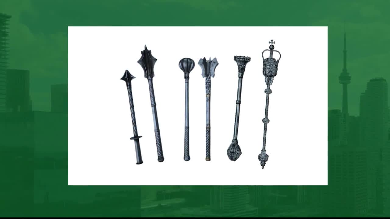 Six ceremonial maces, including the one from the Legislative Assembly of Ontario, are lined up against a white background. The CN Tower and Toronto's skyline...
