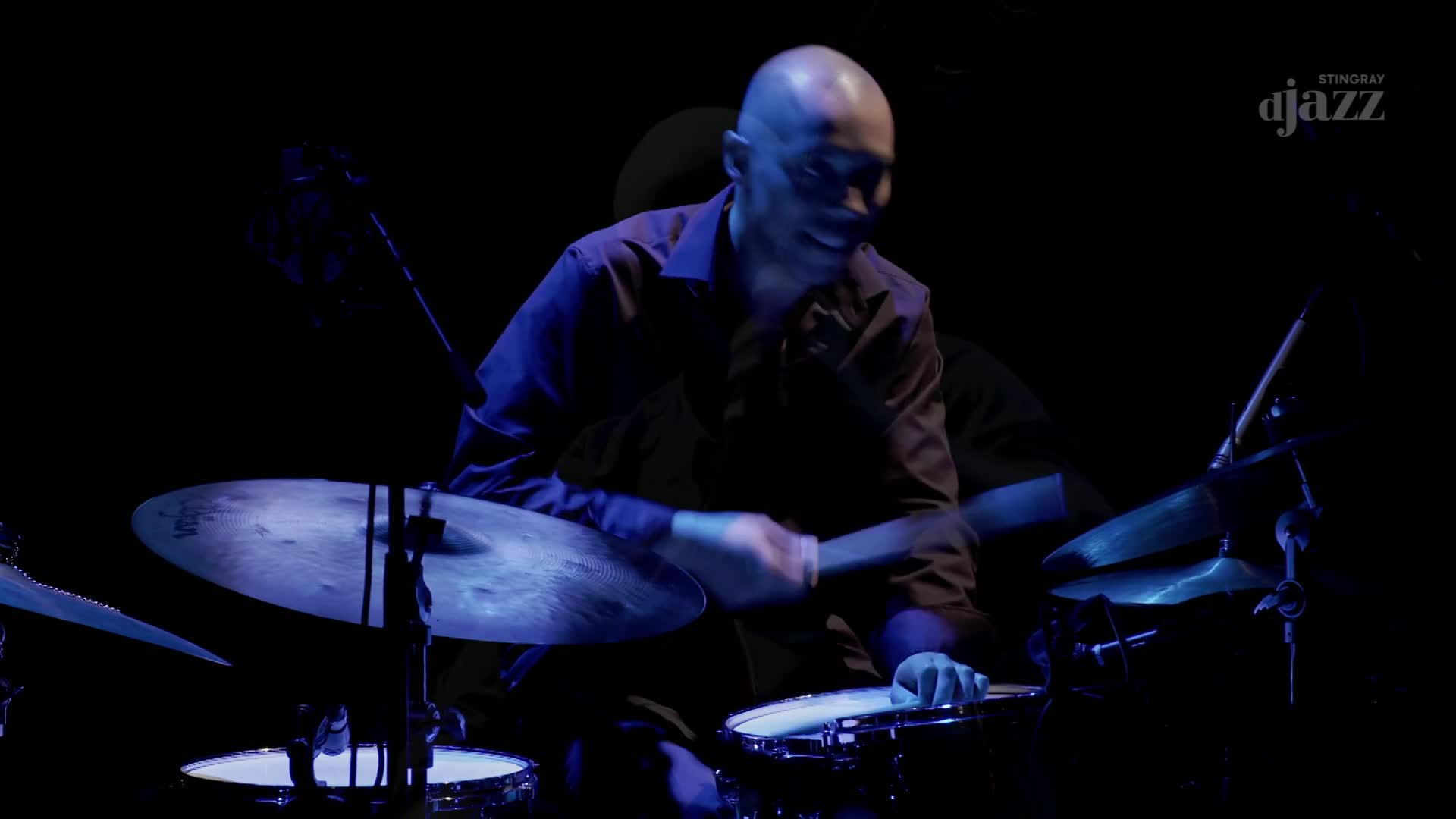 A drummer, lit by blue light, is mid-beat, his sticks a blur as they strike the cymbals. The Stingray DJAZZ logo is visible in the corner, and the whole scen...