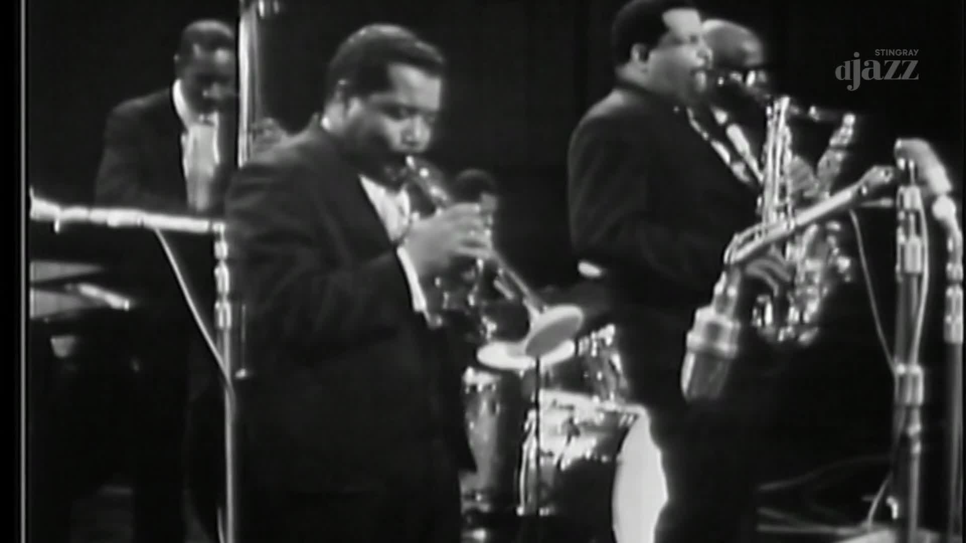 The band is in full swing, with musicians in suits focused on their instruments. A trumpet player blows into his horn, while a saxophonist beside him holds h...