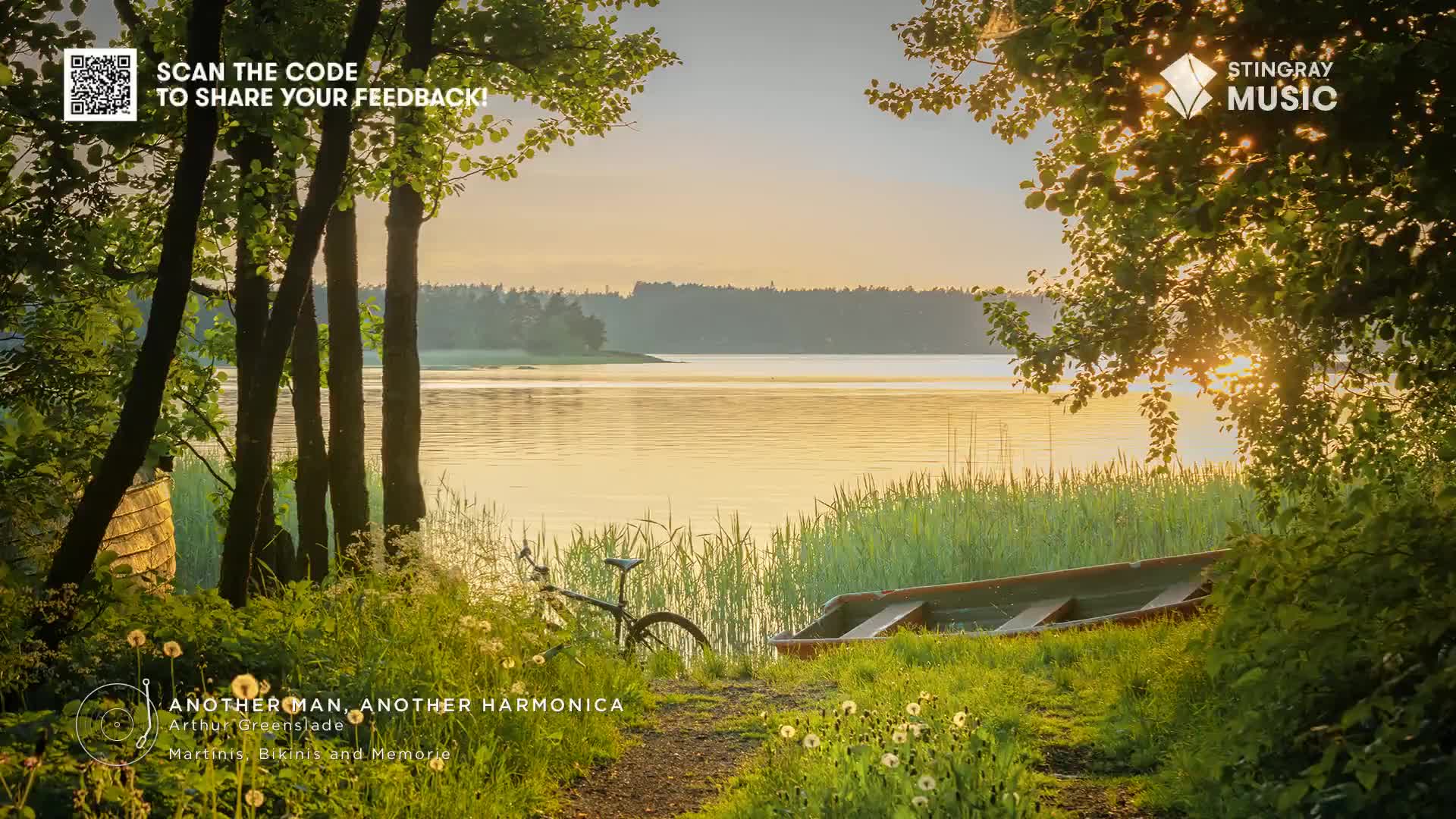 Sunlight streams through the trees, illuminating a calm lake and a small wooden boat resting on the shore. A bicycle leans near a path, and the scene feels l...