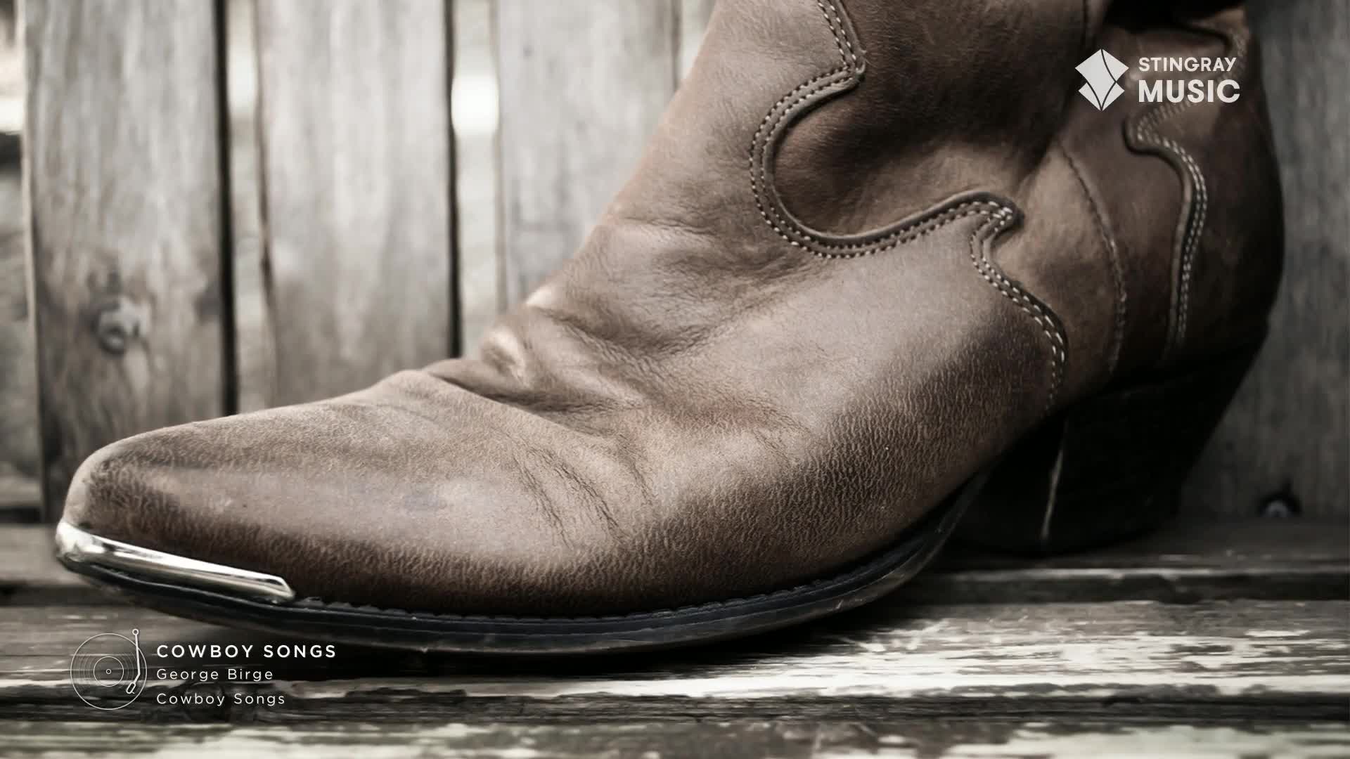 A worn leather cowboy boot, likely from Canada, rests against a weathered wooden surface. The boot's toe gleams with a silver tip, and the Stingray Hot Count...