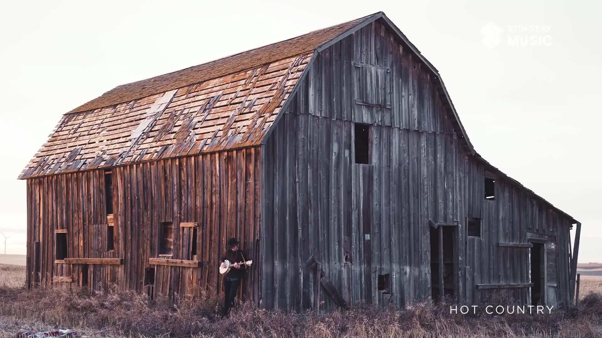 A musician, guitar in hand, leans against the weathered wood of a barn. The old structure, a backdrop for Stingray Hot Country, stands stark against the prai...
