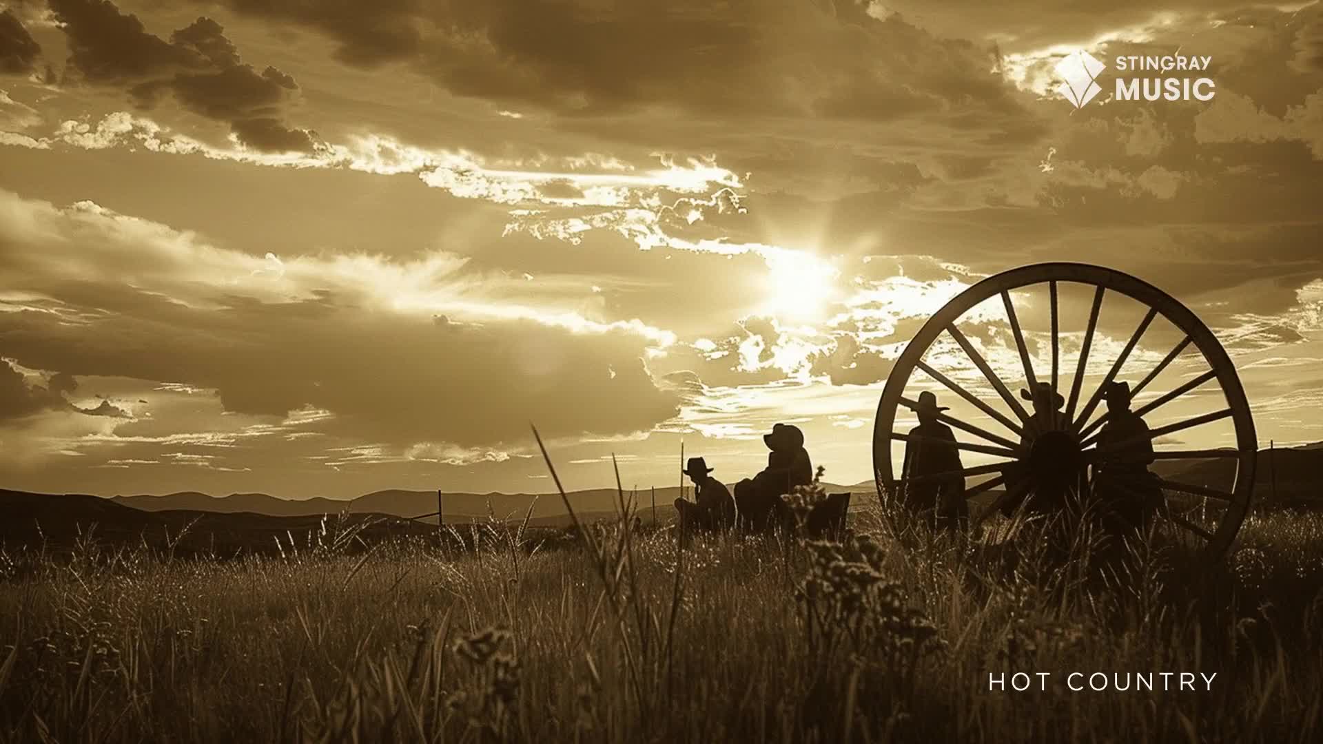 The sun bursts through the clouds, casting long shadows across the prairie. Silhouetted figures gather near a wagon wheel, a scene that feels like a classic ...