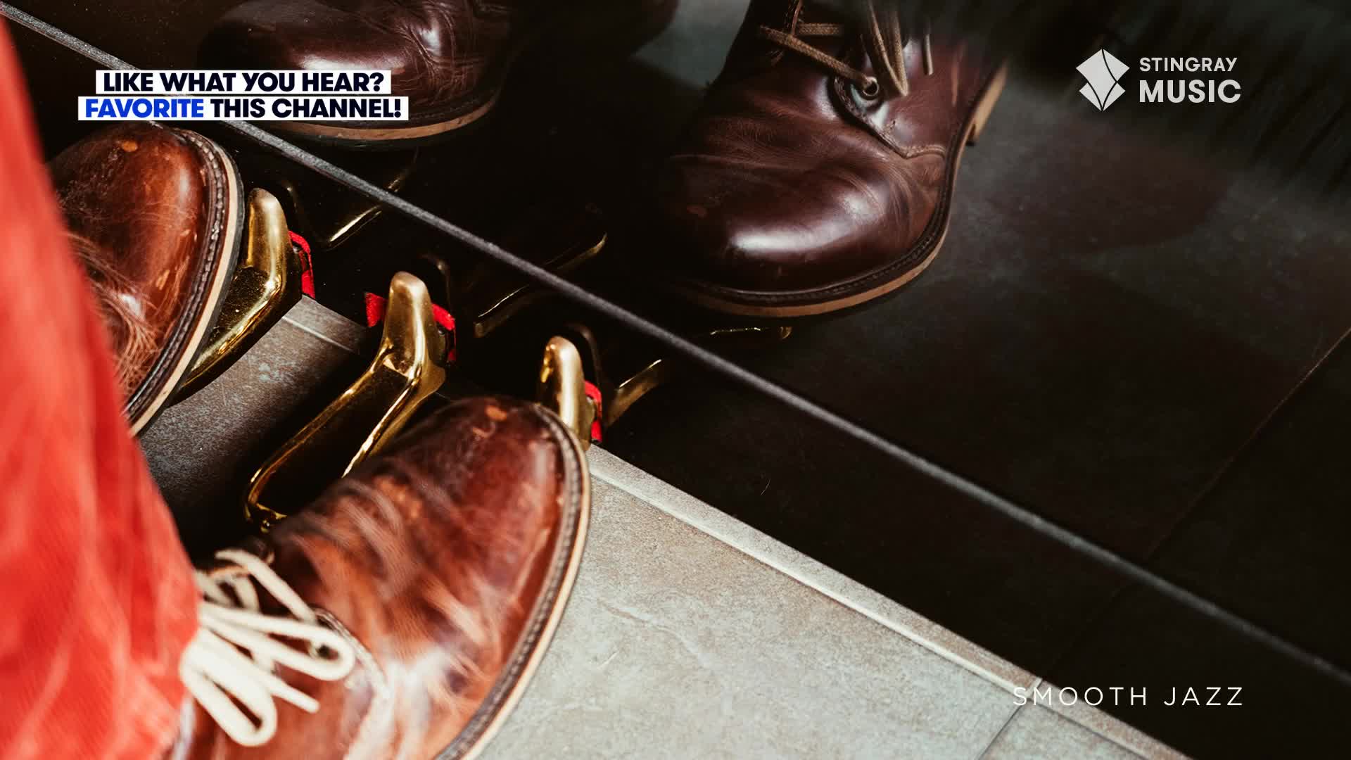 A musician's brown leather shoes are poised over the pedals of a piano, ready to play some smooth jazz. The Stingray Music logo is visible, and a call to "fa...