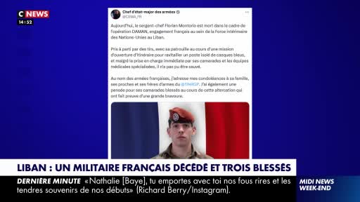 A CNews broadcast announces the death of a French soldier in Lebanon. A photograph of the deceased soldier, wearing a red beret, is displayed against the bac...