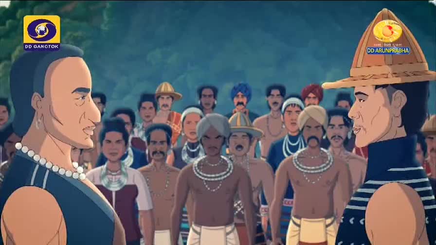 A crowd of men, some wearing turbans and necklaces, stand facing each other. Two figures in the foreground, one with a pearl necklace and the other with a wi...