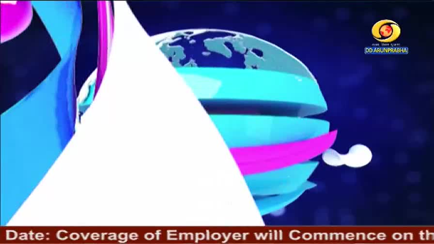 A stylized globe, sliced into sections of blue and pink, floats against a dark background. The logo for DD Arun Prabha, a channel from India, is visible in t...