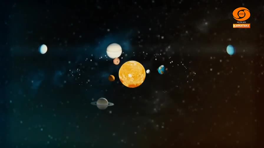 A bright, yellow sun sits at the center, surrounded by colorful planets of varying sizes. The scene is a stylized representation of the solar system, likely ...