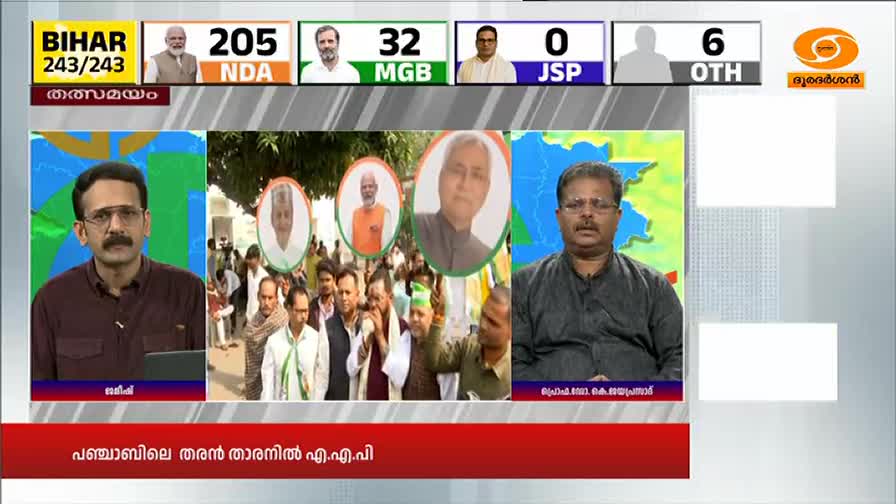 The DD Malayalam broadcast shows a split screen with news anchors and a crowd of people.  Portraits of political figures are held aloft as the group marches.