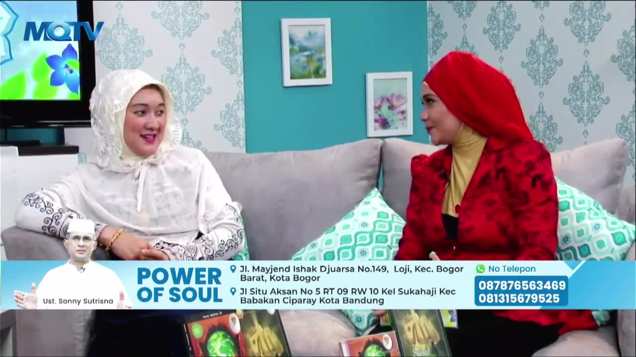 Two women, both wearing headscarves, are seated on a gray couch, engaged in conversation on an MQTV set. The "Power of Soul" logo and a picture of Ust. Sonny...