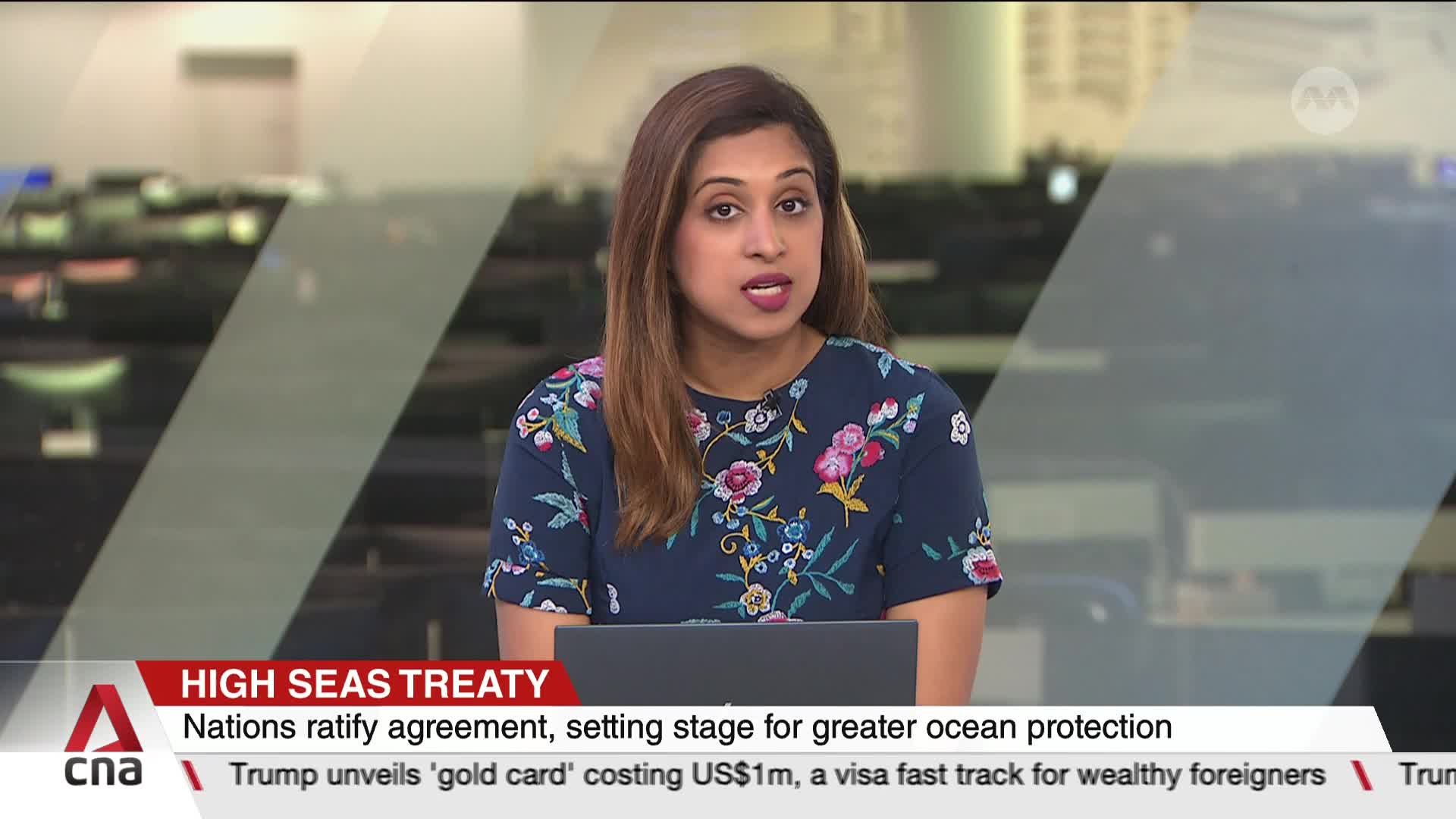 From the CNA International studio in Singapore, a news anchor is speaking, her gaze directed at the camera. The lower third of the screen displays the headli...