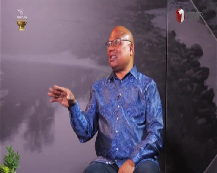 The man on 1KZN TV gestures with his right hand, his patterned blue shirt catching the light. He's seated, speaking against a backdrop that looks like a pain...